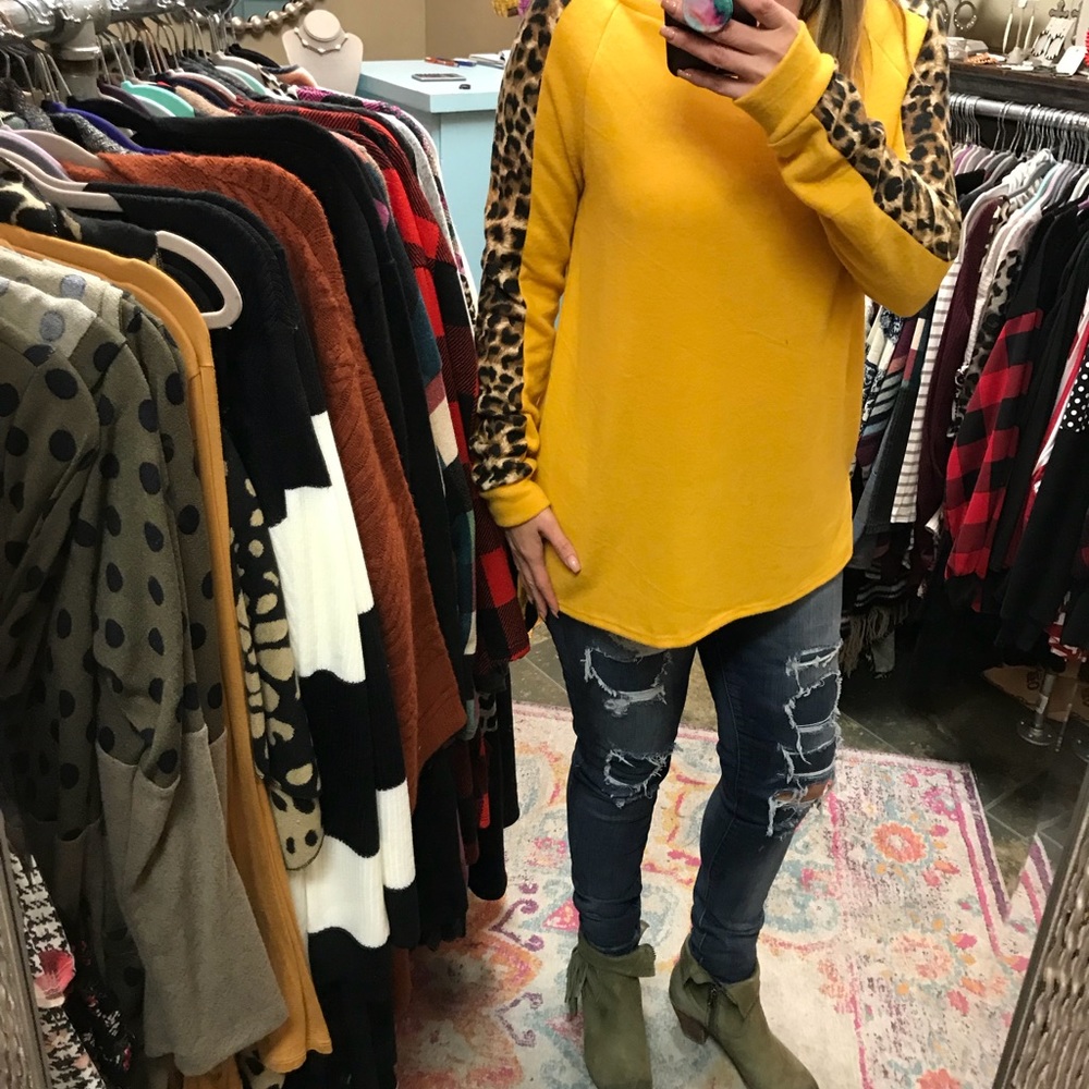 Yellow top with leopard sleeves
